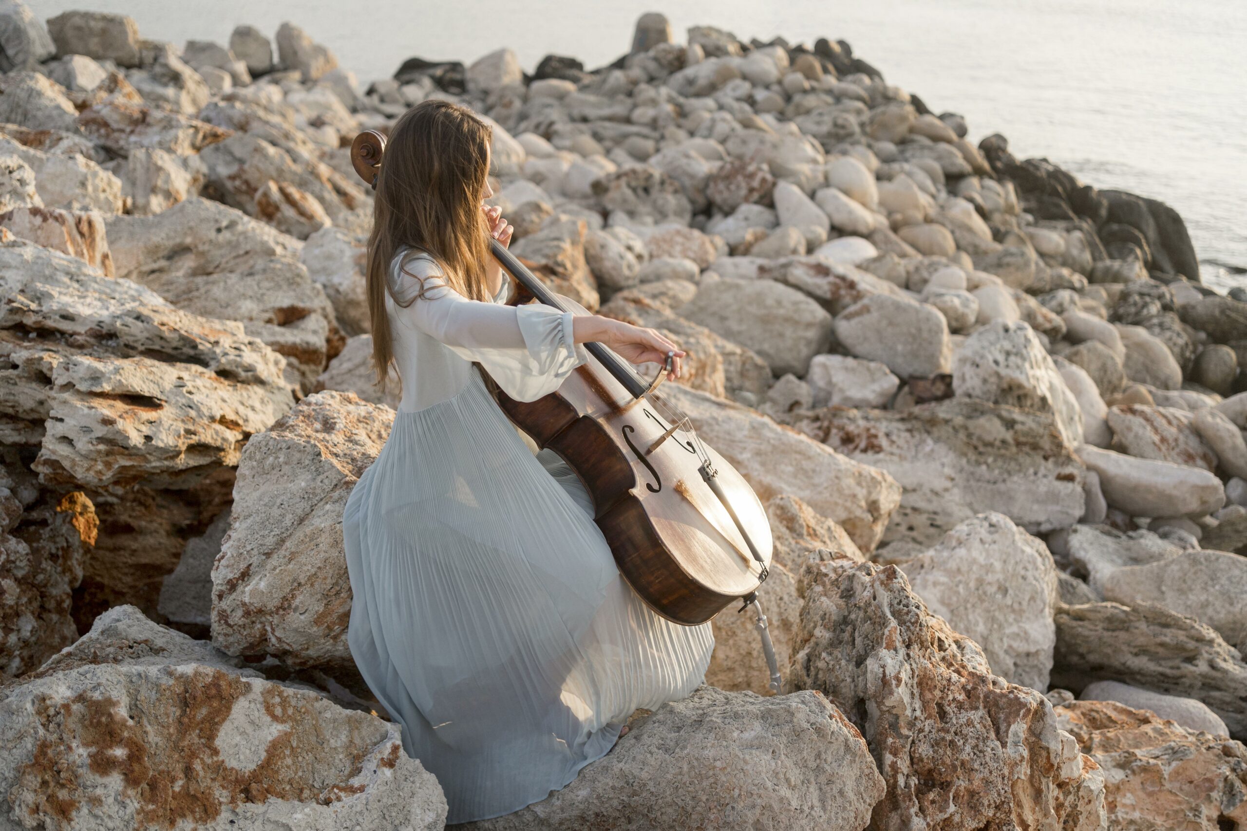vue-laterale-du-musicien-jouant-du-violoncelle-sur-les-rochers